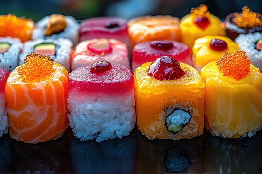 Colorful sushi rolls with a creative presentation, featuring assorted toppings and fresh ingredients, beautifully arranged for a delightful culinary experience.