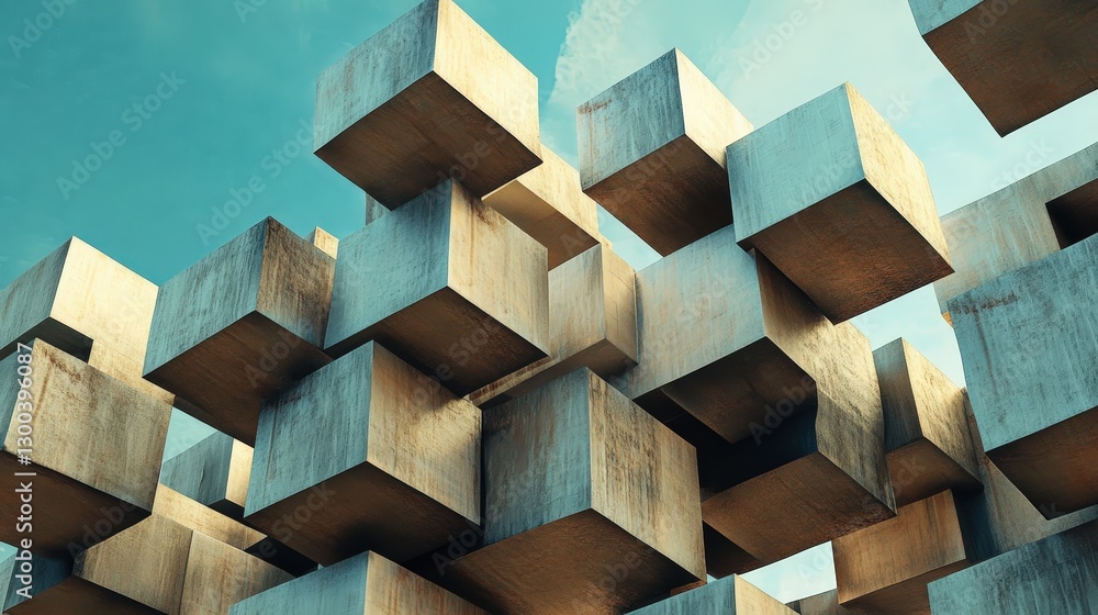 Poster stacked cubes, each one slightly rotated, forming a surreal architectural structure that appears to 