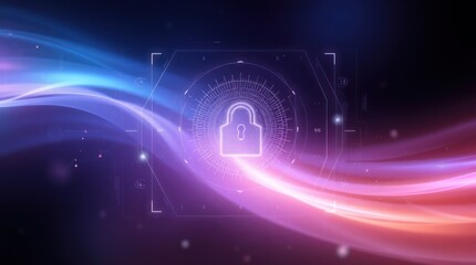 Cyber Security Digital Lock Icon with Glowing Futuristic Data Streams