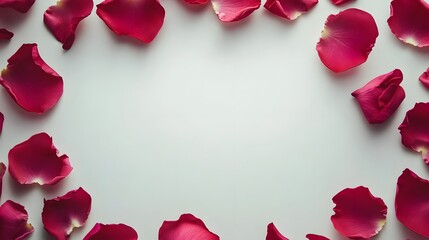Red rose petals elegantly arranged around a clear white surface