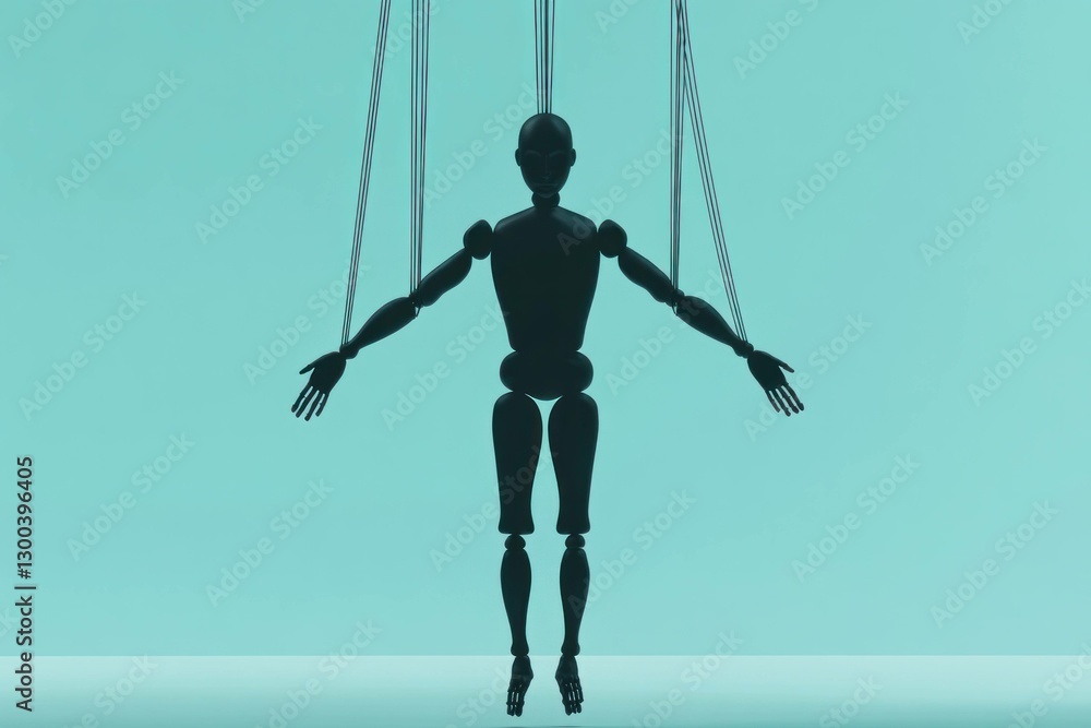 Poster black puppet figure suspended on strings against a turquoise background, representing control, art, 