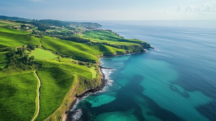 Lush green hills meeting turquoise waters along a scenic coastline.