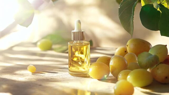 A luxurious glass dropper bottle filled with golden oil, elegantly placed among ripe jojoba fruits on a sunlit natural surface. The warm, earthy tones and soft shadows create a serene, organic beauty 