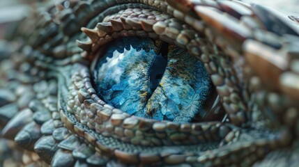 Close-up view of a dragon's eye showcasing intricate scales and vibrant colors, with a mystical landscape reflected in the iris