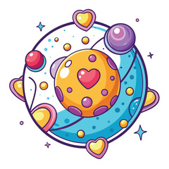 A miniature planet, crimson and gold, with numerous heart-shaped craters, orbits a larger, unseen celestial body.  Intricate detail, cosmic dust.