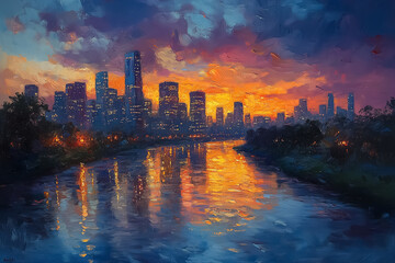 Fototapeta premium Dusk settles over the city, casting warm colors across towering skyscrapers
