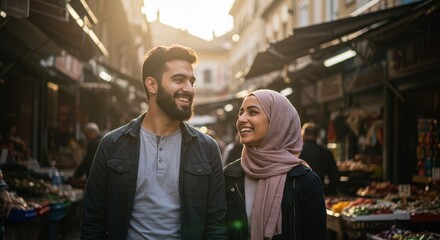 Fototapeta premium Smiling Couple at a Vibrant Market