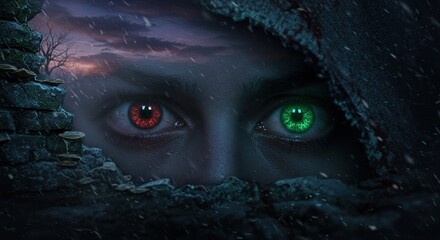 Naklejka premium Mysterious Hooded Figure with Red and Green Eyes Against Stormy Landscape