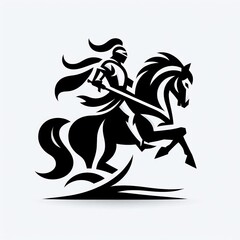 Fototapeta premium Knight rides horse, sword up, black silhouette.