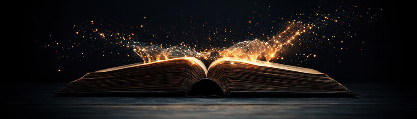 Global Citizenship Human Right Awareness. Open book with magical sparks emanating from its pages in a dark setting.