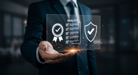 Elegant businessman presenting holographic quality assurance document display