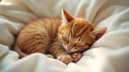 Adorable Orange Tabby Kitten Sleeping Peacefully on Soft Blanket. Cute Baby Cat Nap in Warm Light.  Pet Animal Photo
