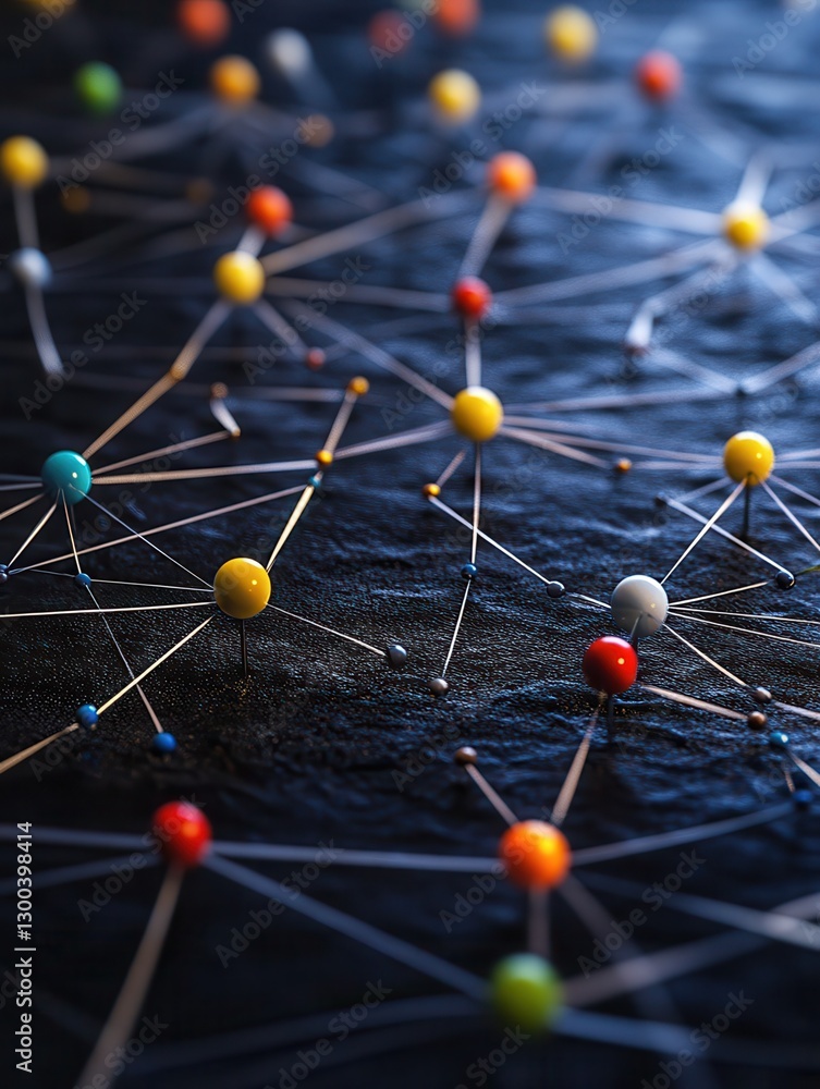 Poster abstract network of interconnected pins on a black surface.