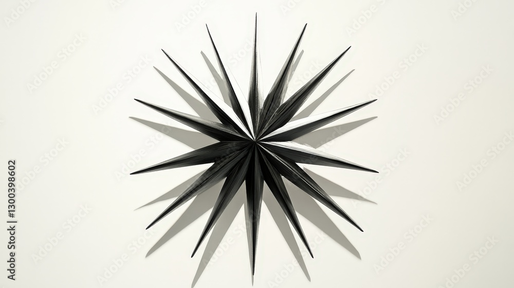 Poster a sharp, angular star shape with radiating lines, each one tapering to a point, creating a bold, eye