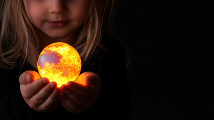 Naklejka premium Global Citizenship Human Right Awareness. A child holds a glowing orb, creating a magical and enchanting atmosphere against a dark background.