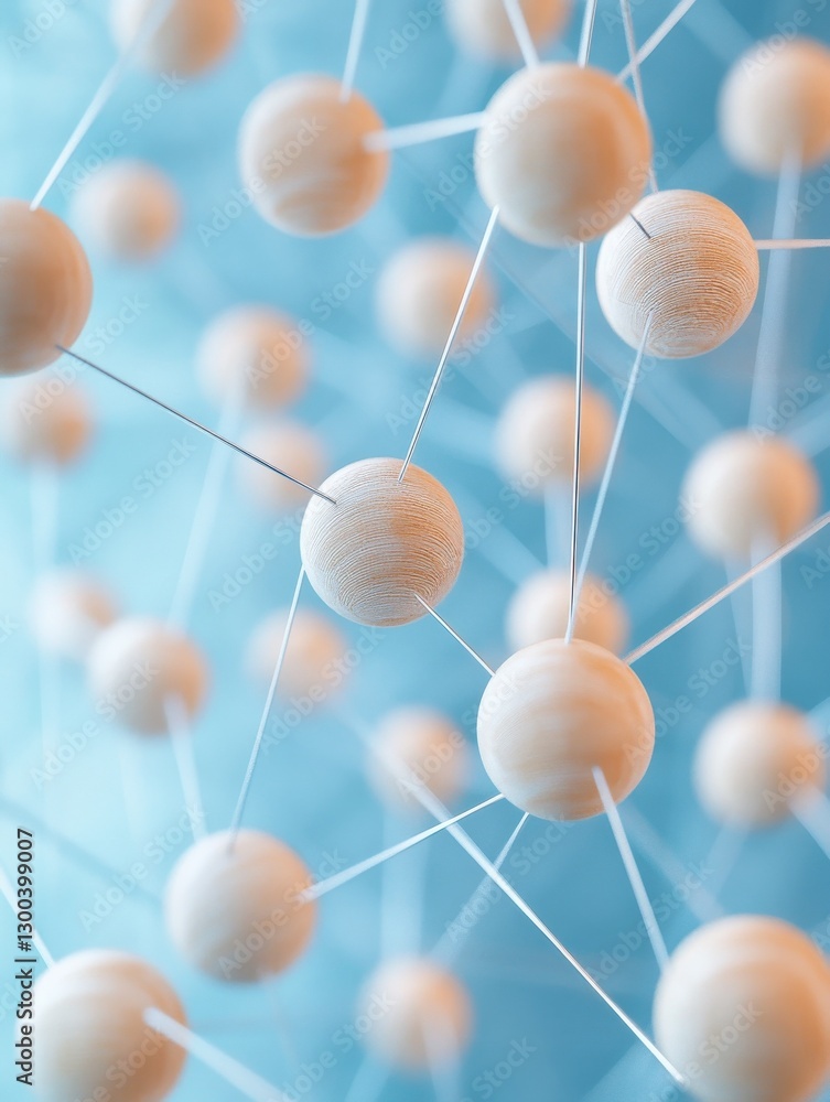 Poster abstract network structure with interconnected wooden spheres and strings on blue background, repres