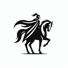 Fototapeta premium Knight riding a horse, medieval warrior, black and white illustration.