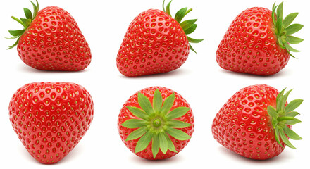 Set of fresh red strawberries from different angles. Strawberry front view. Strawberry top view. Strawberry side view. Isolated on white with full depth of field. Detailed texture. design projects