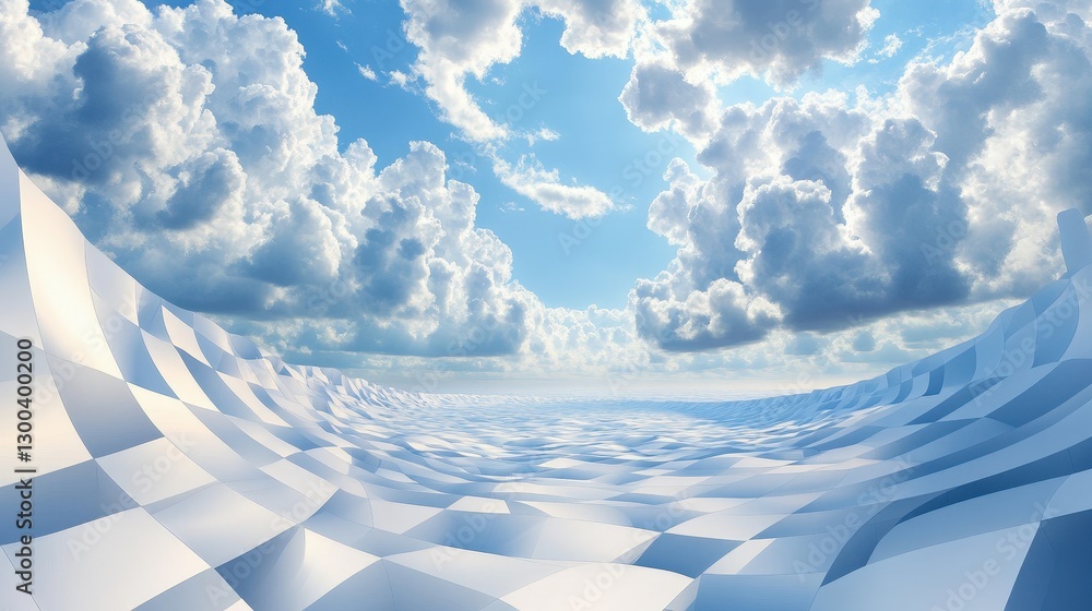 Poster a sky filled with fluffy, cotton-like clouds arranged in an unusual checkerboard pattern, creating a