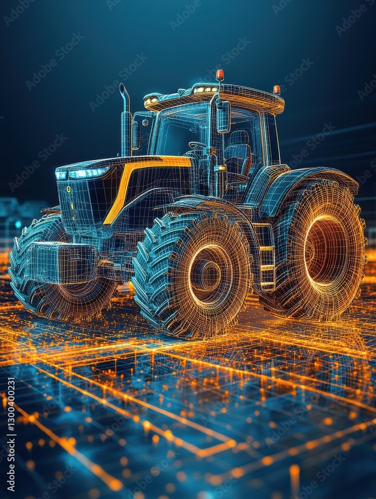 Aufkleber 3d display of a modern tractor in a digital agricultural setting visualized in wireframe.