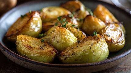 A plate featuring roasted chayote, a unique vegetable with a mild taste and crunchy texture, ready to be enjoyed as a side dish.