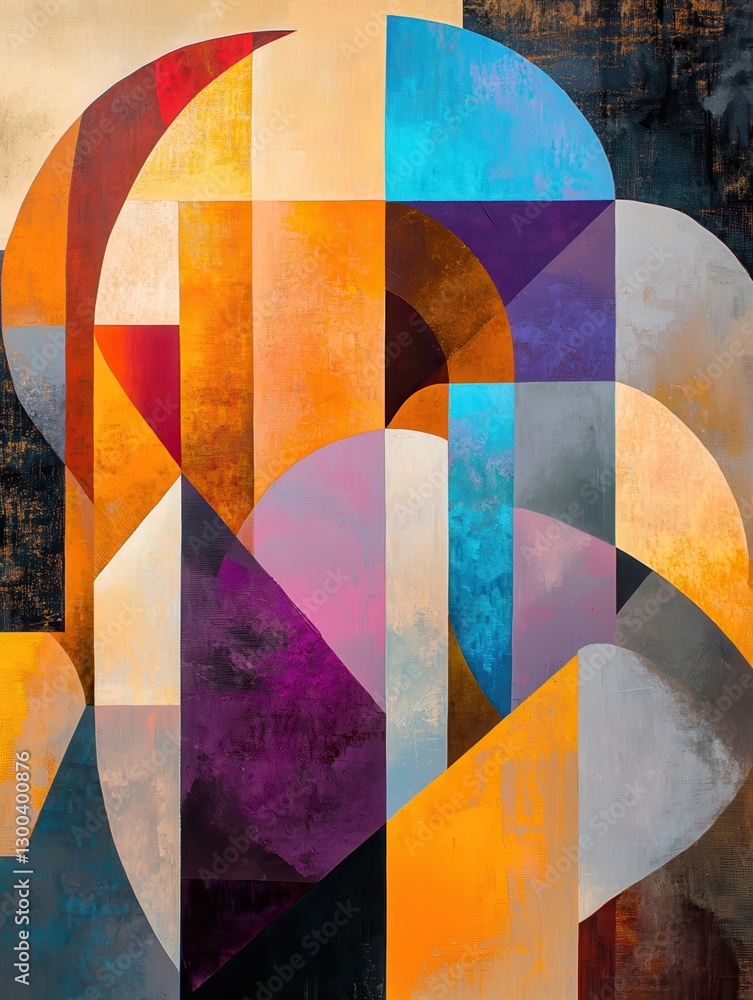 Poster colorful abstract composition with geometric shapes in various sizes and earthy colors, creating a m
