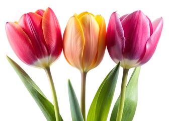Fototapeta premium Floral trio featuring three tulips in pink, red, and yellow, set against a clean white background. Perfect for spring and floral designs.