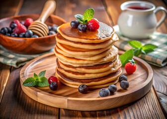 stack of pancakes on wooden plate, warm and delicious composition, vibrant and detailed textures, cozy and cheerful breakfast atmosphere