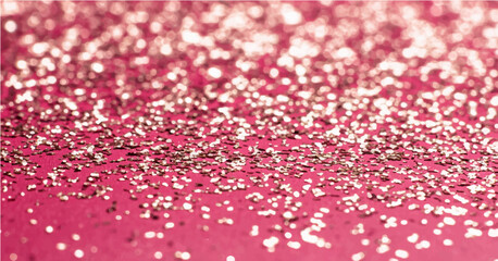 abstract background with white and rose rade particle. Christmas Golden light shine particles bokeh on pink background. Red rose foil texture. Holiday concept.