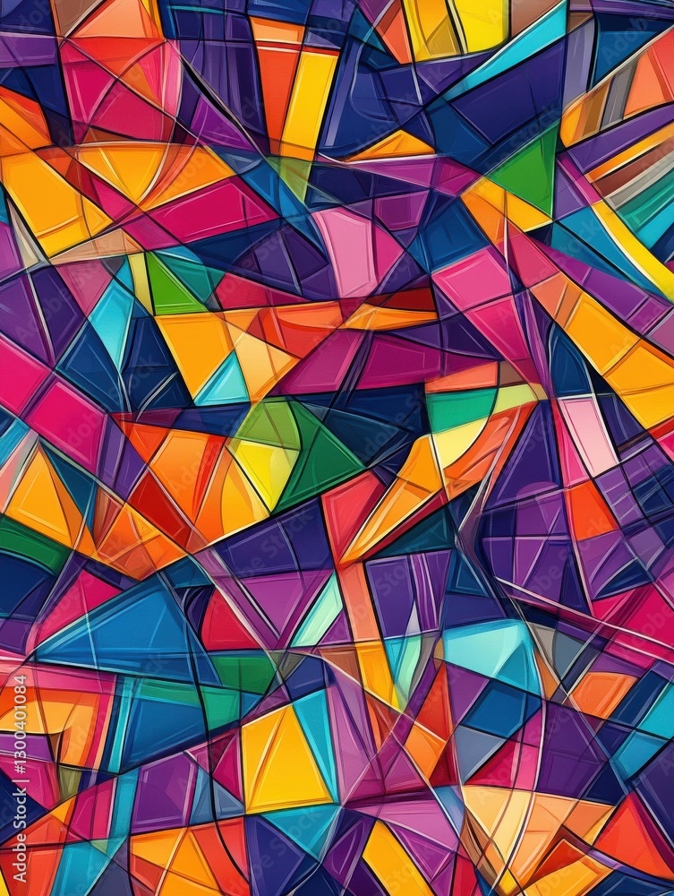 Poster a vibrant geometric pattern with intersecting colorful shapes creating an abstract mosaic.