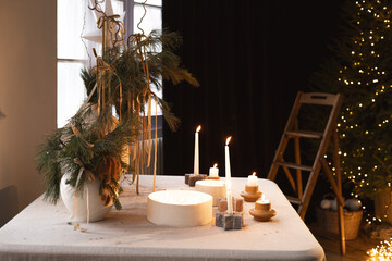 Christmas atmosphere candles on the table