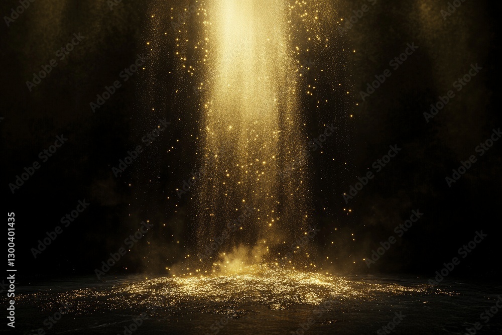 Wall mural gold particles in the center of an empty black room, glittering gold light effects on a dark backgro