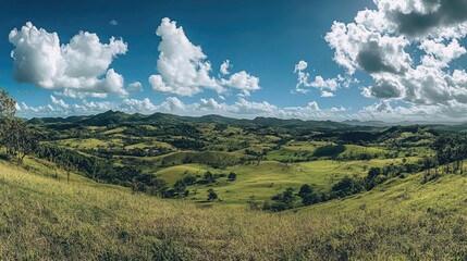 Obraz premium A stunning wide-angle shot of rolling hills, green fields, and a bright sky adorned with scattered white clouds exuding simplicity