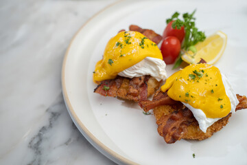 Cozy eggs benedict a culinary delight in indoor food photography