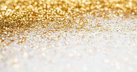 abstract background with white and gold particle. Christmas Golden light shine particles bokeh on white background. Gold foil texture. Holiday concept.