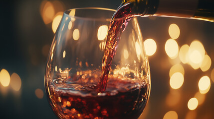 Elegant Red Wine Pour in Coupe Glass with Festive Bokeh Lights