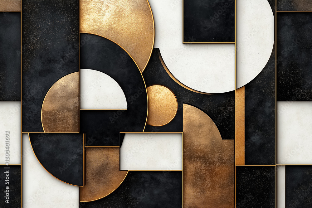 Poster intricate patterns of geometric shapes in metallic tones create a striking visual blend of black, go
