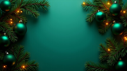 Fototapeta premium Lush Green Christmas Ornaments Pine Branches Warm Glowing Lights Teal Background Festive Holiday Still Life Creative Decor Setting View