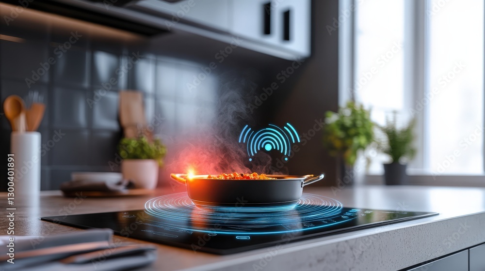 Poster a smart appliance in a kitchen responding to voice commands to start cooking or adjust settings, sho