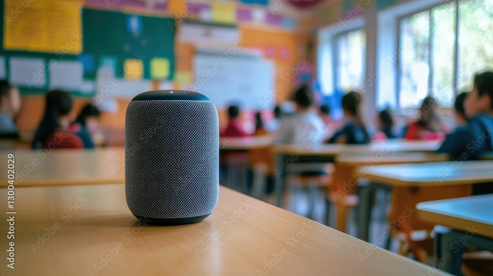Poster a smart speaker in a classroom responding to voice commands from the teacher, helping manage lesson 