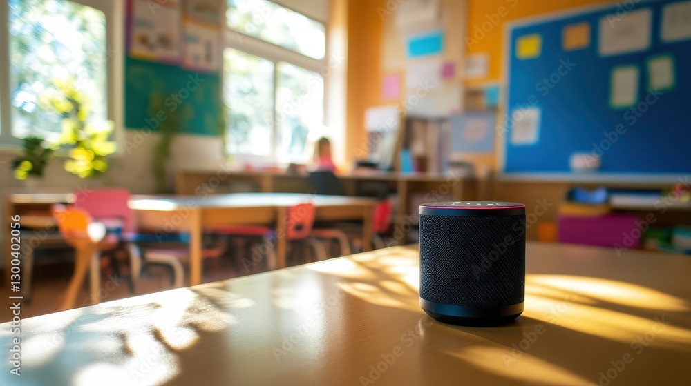 Poster a smart speaker in a classroom responding to voice commands from the teacher, helping manage lesson 