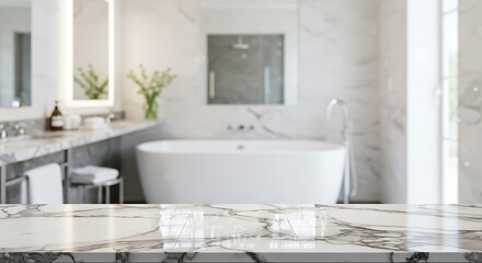 Marble table top with blurred bathroom interior background
