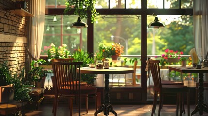 Cozy caf&eacute; interior with wooden tables and chairs, lush plants, and sunlight streaming through large windows