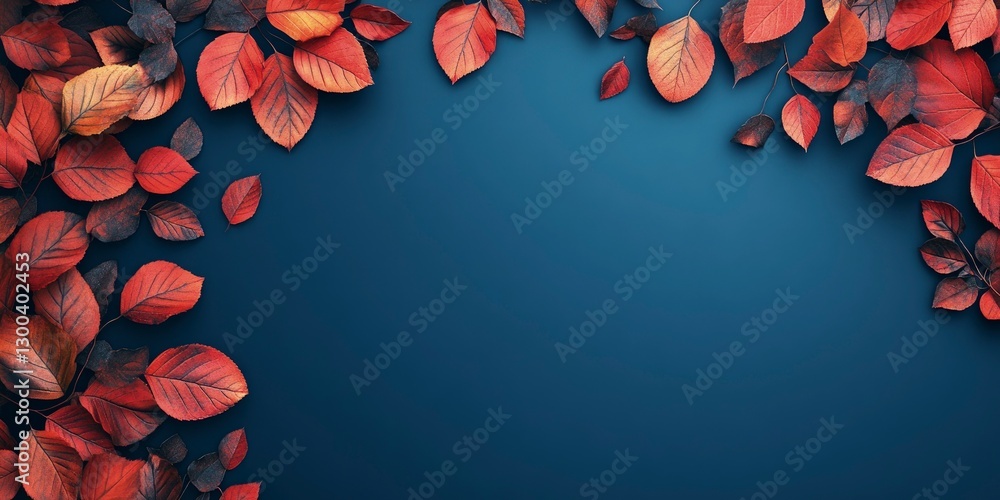 Poster blue background with red and orange leaves on the left side, creating an autumn atmosphere. the back
