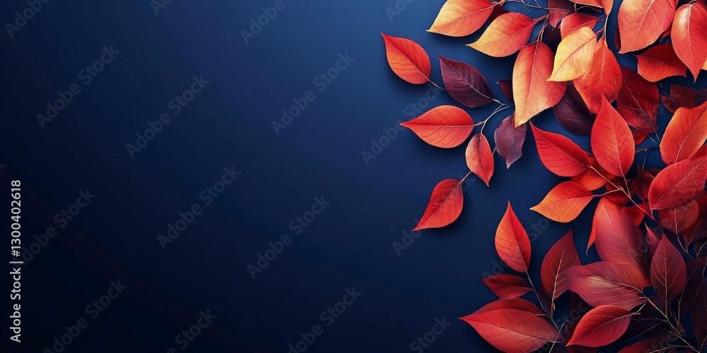 Poster blue background with red and orange leaves on the left side, creating an autumn atmosphere. the back