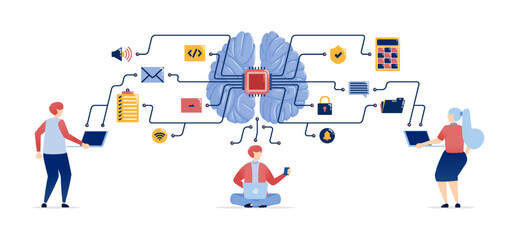 Illustration of People Accessing Data from Learning, Work, and Entertainment, Supported by AI Brains for Enhanced Processing and Development of Advanced Learning Machines