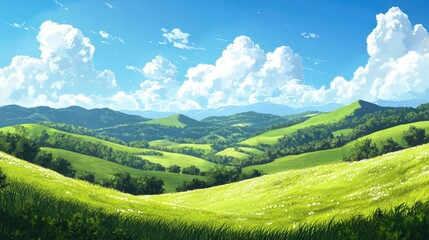 Fototapeta premium Rolling hills covered in green grass stretching endlessly under a bright blue sky, dotted with white clouds in a panoramic view