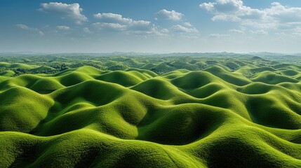 Fototapeta premium Rolling hills covered in green grass stretching endlessly under a bright blue sky, dotted with white clouds in a panoramic view