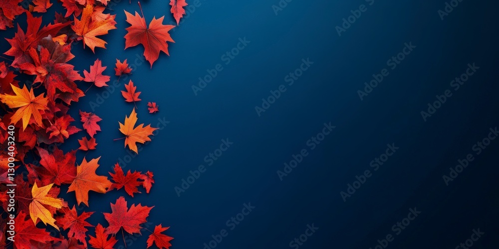 Poster blue background with red and orange leaves on the left side, creating an autumn atmosphere. the back