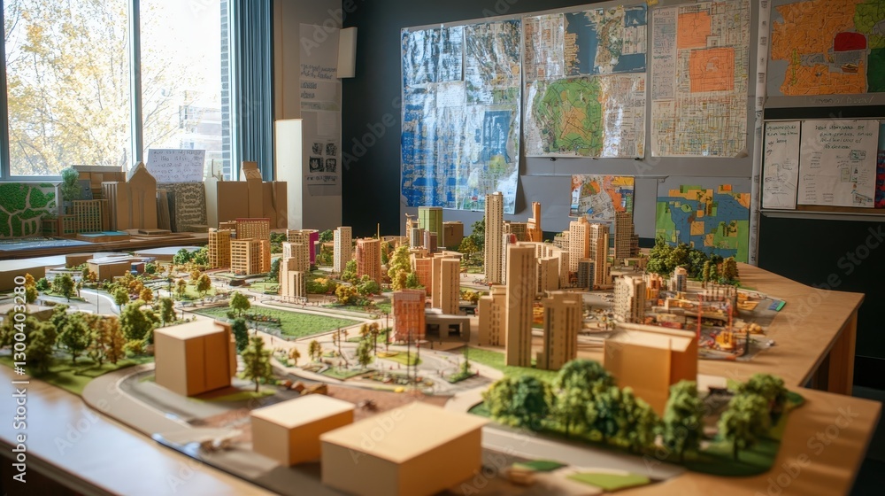 Poster a project-based learning classroom where students create a model city as part of a group project, le